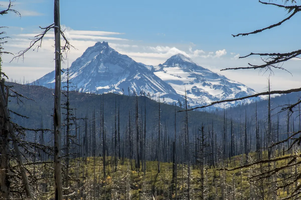 Snow-capped Three Sisters volcanoes in the Oregon Cascades west of Sisters