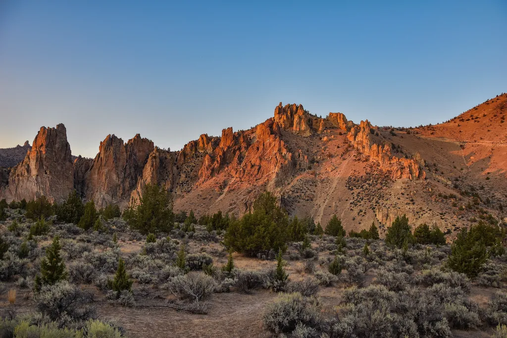 Sunlit rock spires at Smith Rock State Park near Redmond