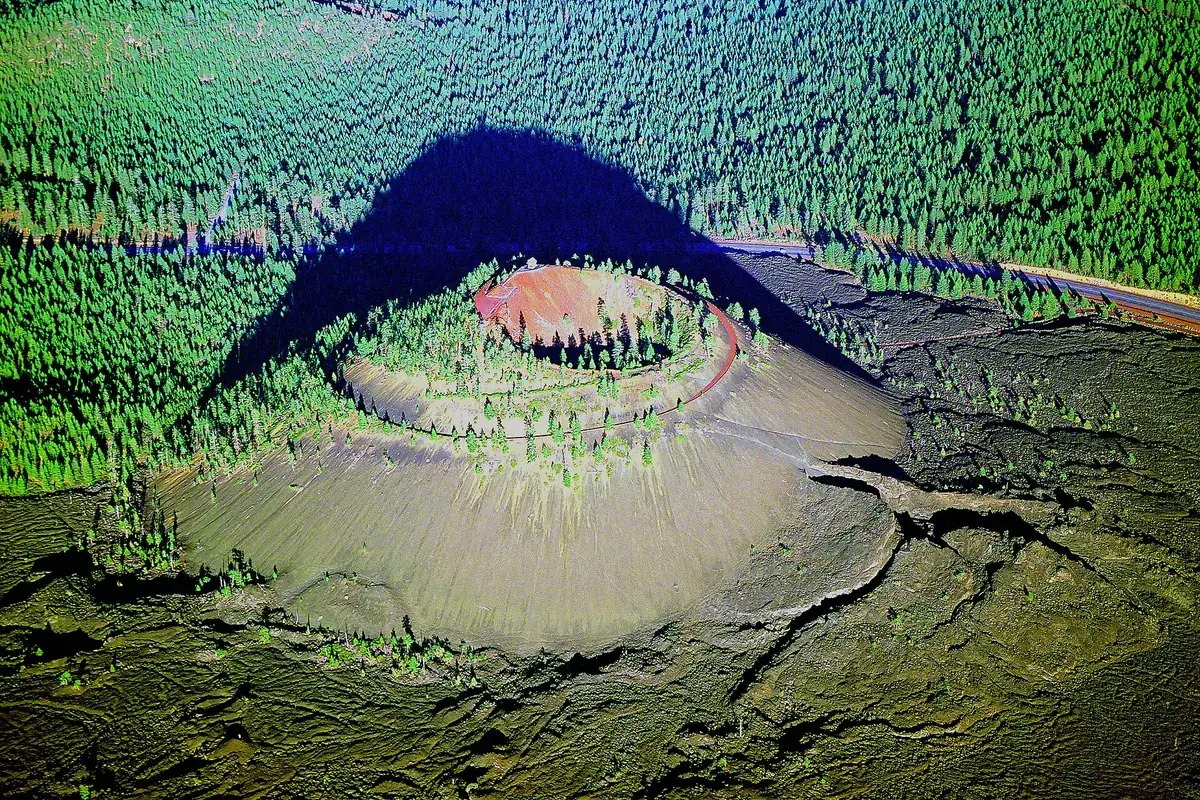 Aerial view of Lava Butte in the Deschutes National Forest, just north of Sunriver